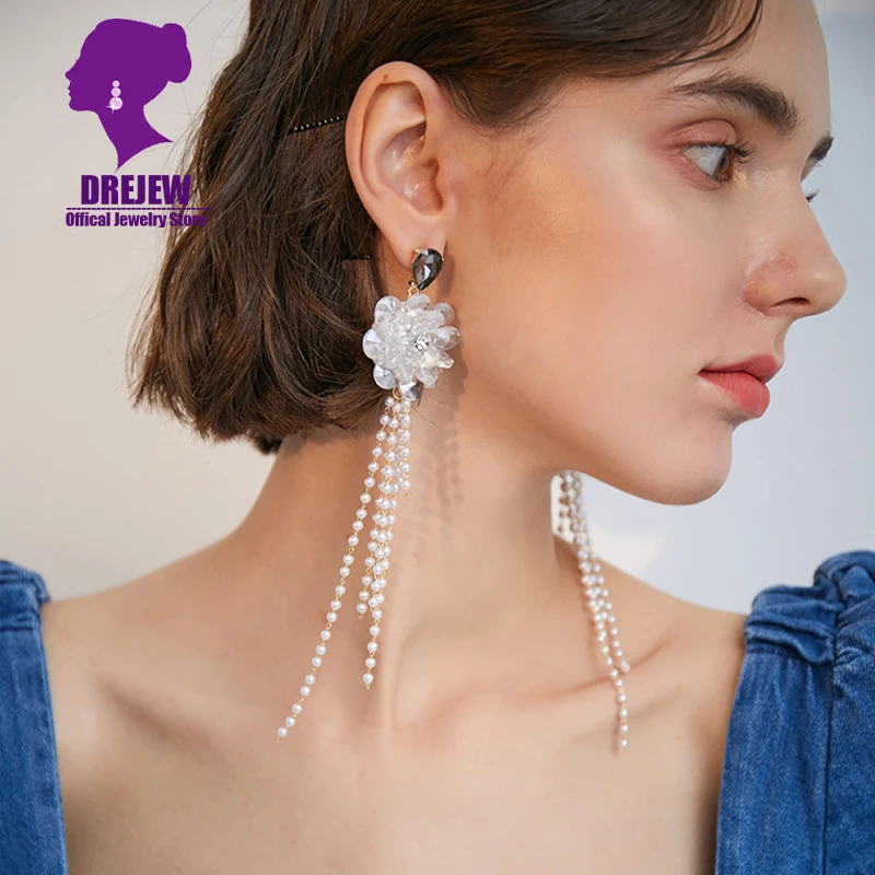 DREJEW длинные кисточки Стразы жемчуг цветок массивные серьги 925 Висячие для женщин