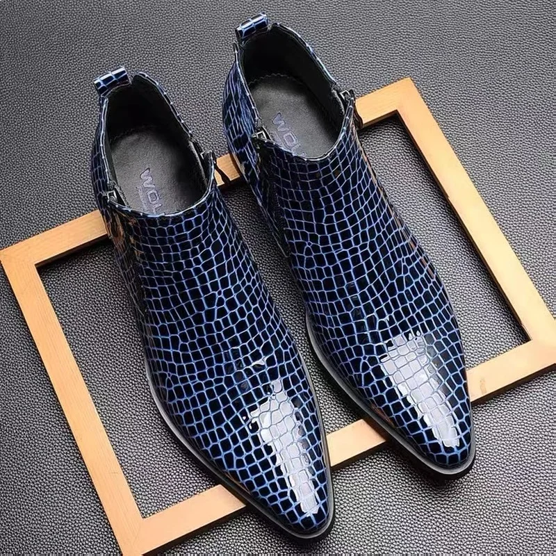 

2022 Winter New Men Boots Crocodile Style Real Luxury Leather Double Zip Cowboy Boots Elegant Black Ankle Cut Blue Botas Size 45