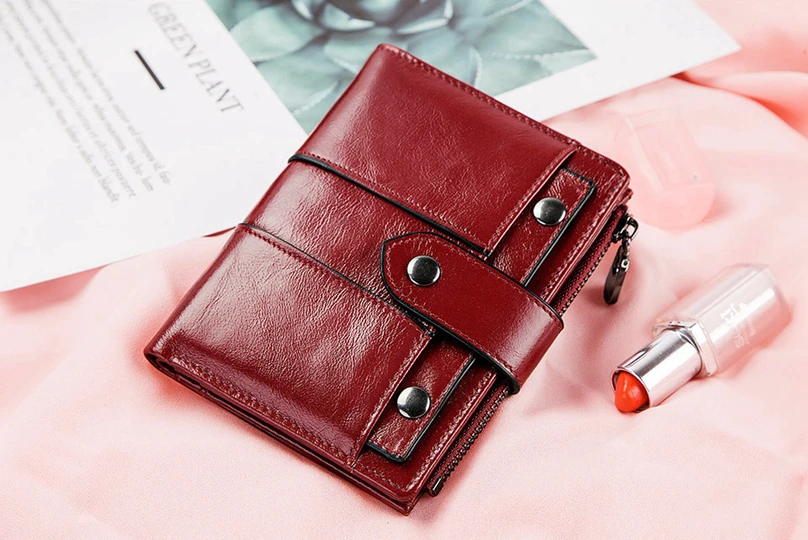 

Red Color Women's Genuine Leather Zipper Hasp Short Wallet RFID Blocking Female Coin Purse Card Holder Fashion Design cash Bags