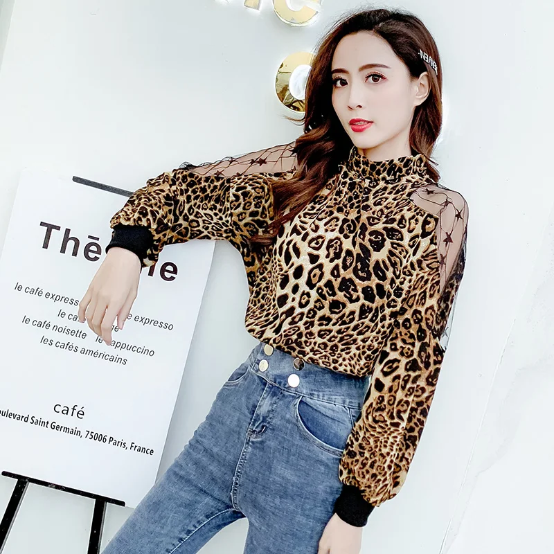 2019 T Shirt Women Ladies' tops High-necked collar Sexy leopard off shoulder top Casual Long Sleeve Tops Fashion | Женская одежда