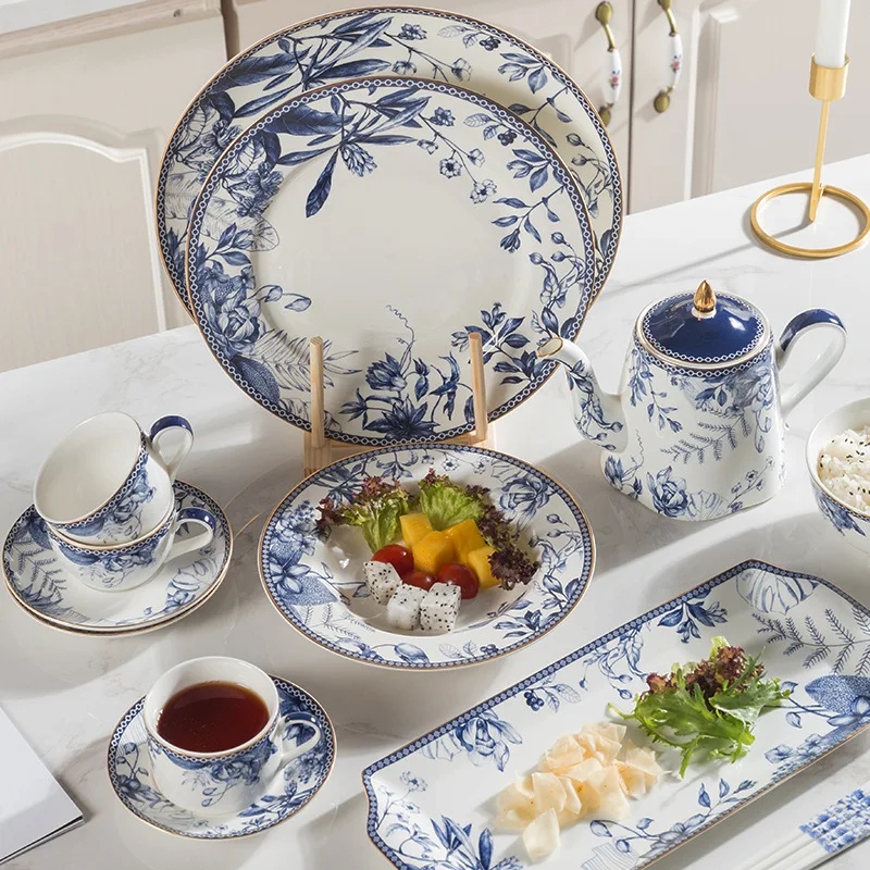 

Ceramic Bone Tableware Chinese Blue And White Porcelain Bowl And Plate Dish Set Gold Inlay Coffee Cup Western Food Dinner Plates