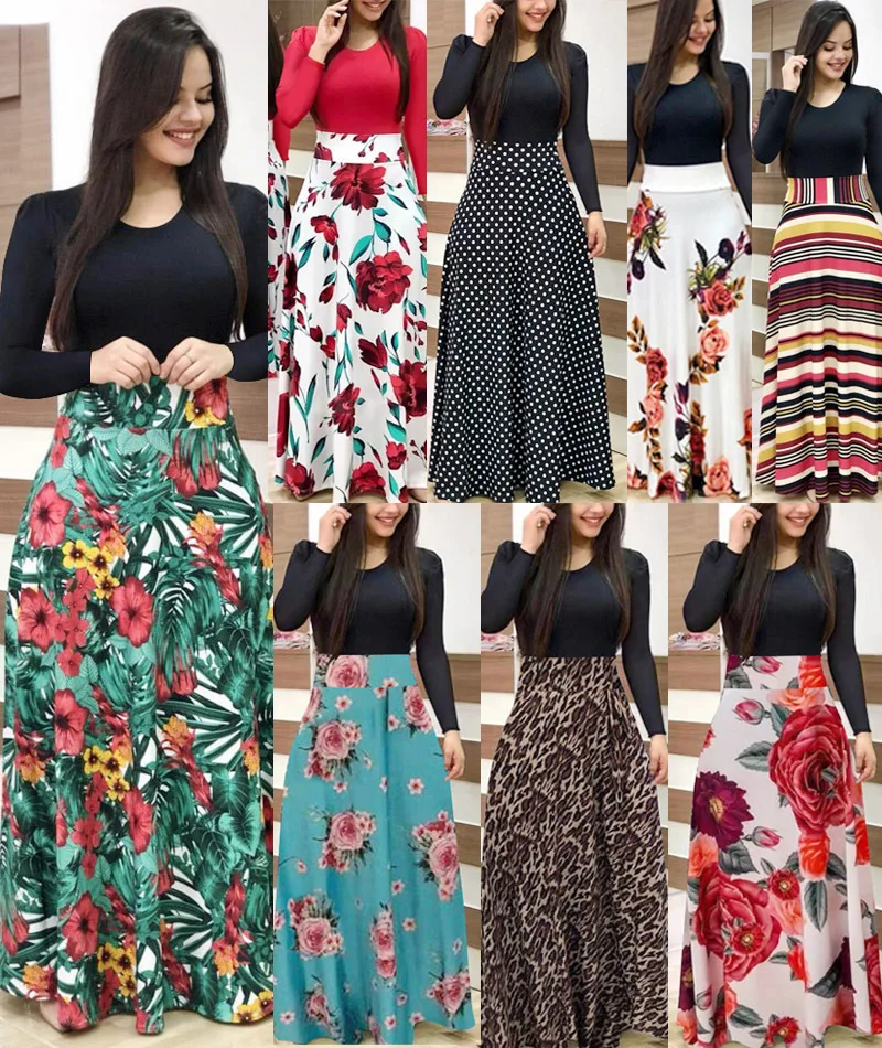 

Women Maxi Dress Autumn Casual Floral Print O Neck Short Sleeve Patchwork Tunic Party Elegant Boho Dresses Robe Ladies Plus Size