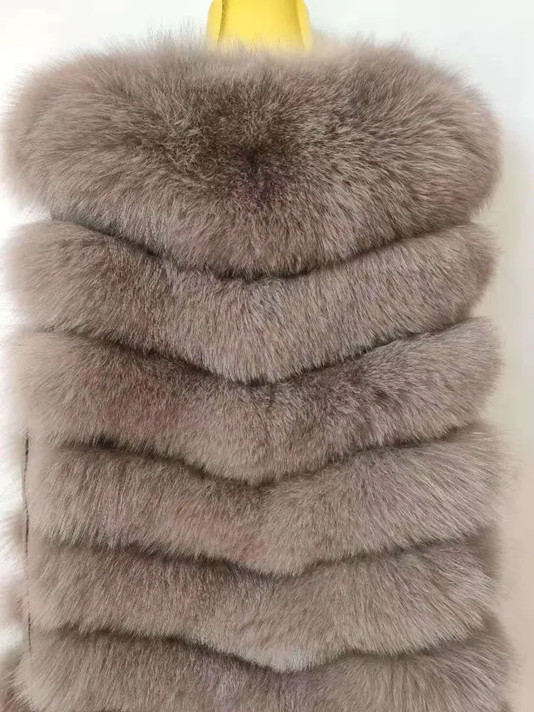 Dark khaki New Fashion Fox Fur Vest Zipper Real Fur Jacket Female Winter Warm Fur Coat High Quality Leather Vest Fur Fox - Цвет: Dark khaki