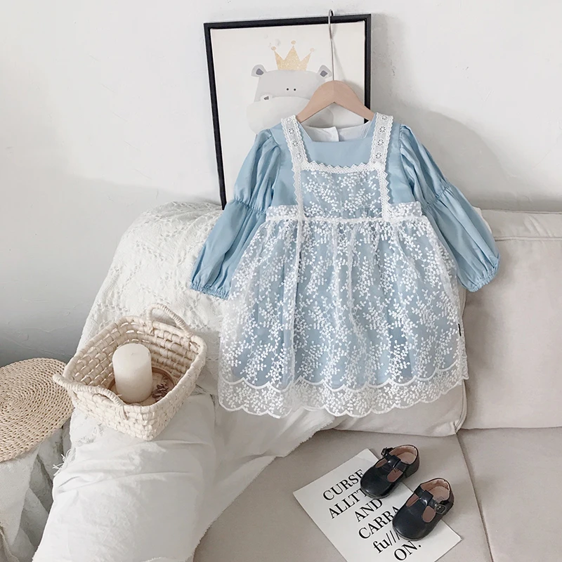 

Girls Light Blue Lace Floral Strap Princess Dress Girl Spring Autumn New Birthday Party Dresses 3-7 Y Kids Fashion Sweet Skirt