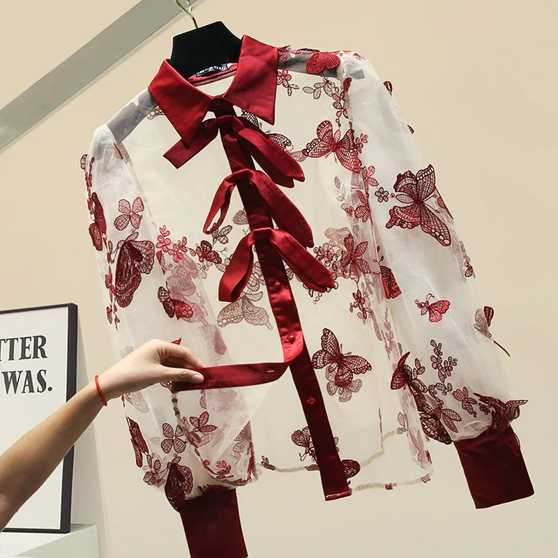Женская шифоновая блузка с вышивкой в виде Красной бабочки рубашка длинным