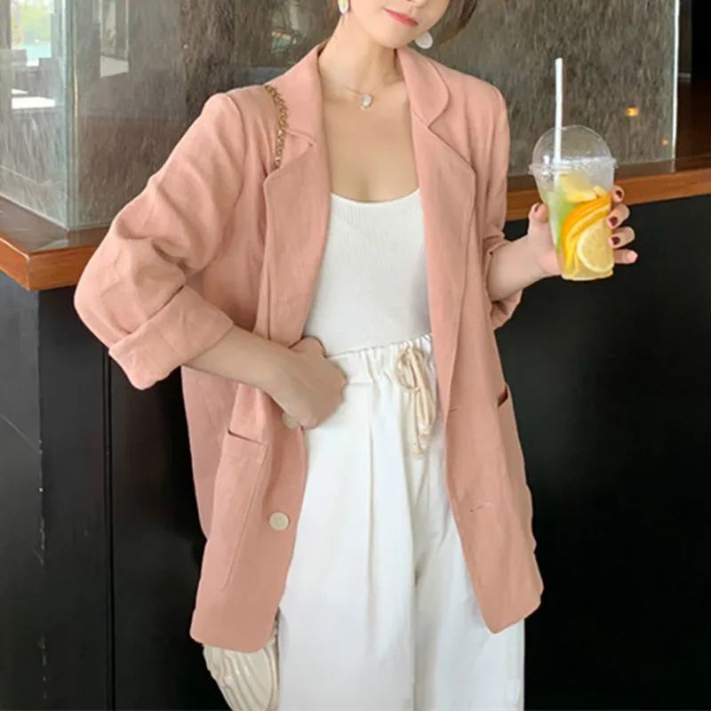 

S-3Xl Casual Loose Elegant Outwear OL 2021 Fashion Cotton Linen Coat Solid Long Sleeve Cardigans Plus Size Womens Autumn Blazer
