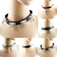 hot sales punk gothic black faux leather choker cross spike rivet buckle collar necklace