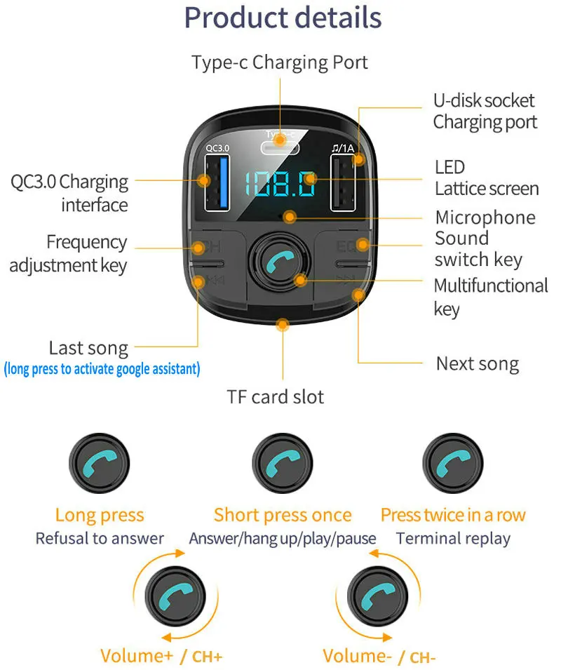 Tikigogo QC3.0 Quick Charge type-C 3 USB Автомобильное зарядное устройство Handsfree Bluetooth автомобильный комплект Google Assistant fm-передатчик автомобильный mp3-плеер