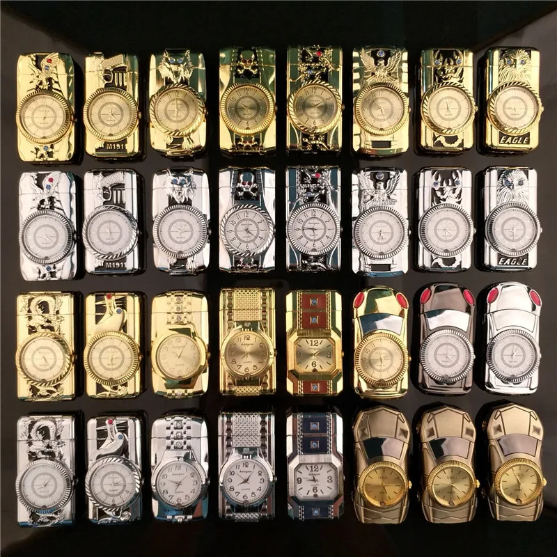 Светодиодные роскошные золотые часы с зажигалкой Jet Lighter Torch Turbo Gas Windproof Cigar Cigarette Metal Inflated Butane Mens Gift.