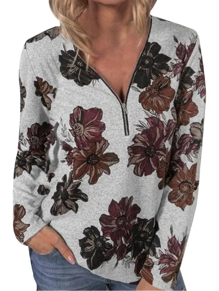 

Woman Casual Pullover Blouse Long Sleeved Print Zipper Loose Top Interesting Casual Comfortable T-shirts Light Breathable