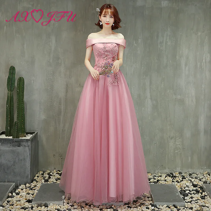 

AXJFU luxury princess pink lace bride evening dress vintage boat neck beading rose flower host ball gown stage evening dress
