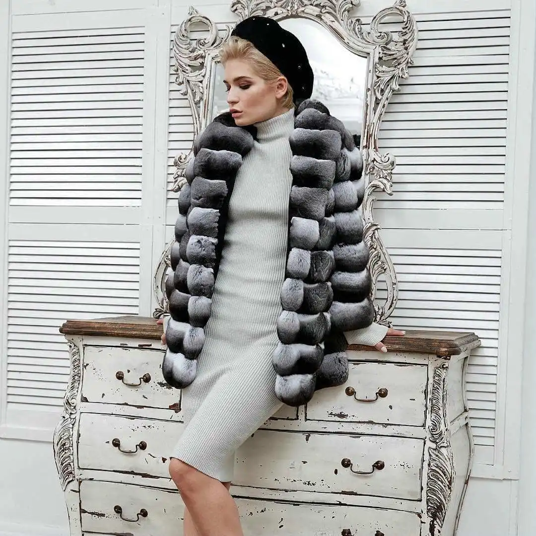 Mid-length Natural Rex Rabbit Fur Jacket Women Thick Fur Overcoat Winter New Chinchilla Color Genuine Rex Rabbit Fur Coat Woman