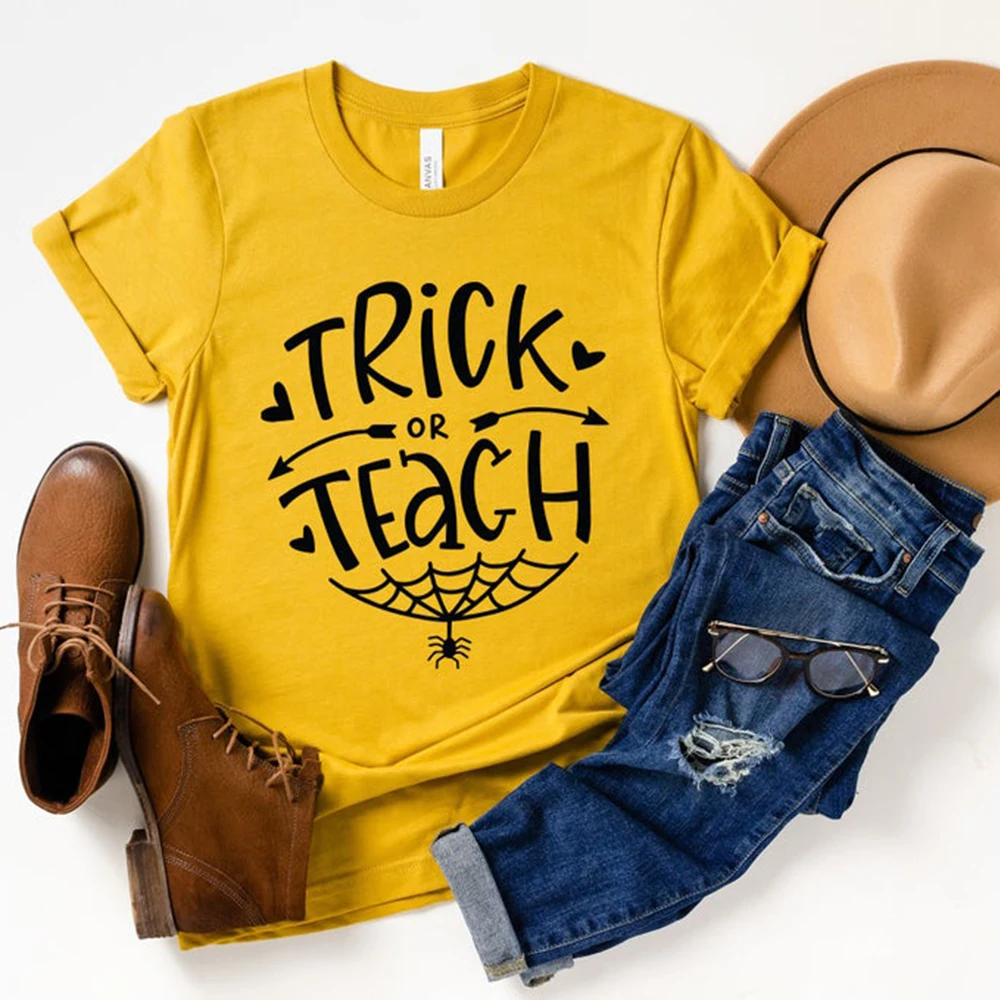 

Trick or Teach Short Sleeve T Shirt Women Harajuku Streetwear Halloween Womens Shirts Cotton O Neck Plus Size Tops Fall Clothes