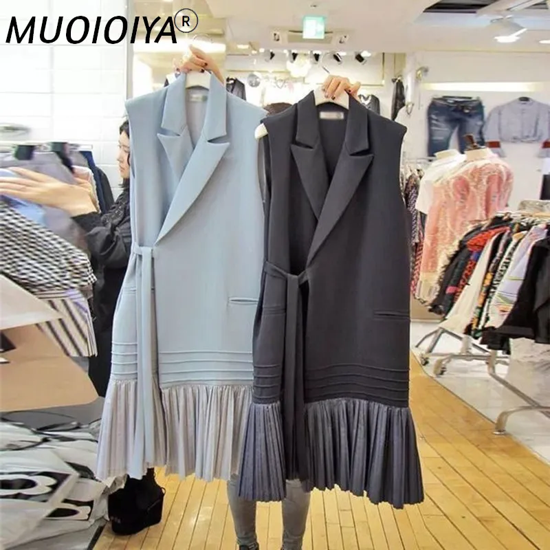 

Осень-зима 2021, Длинный жилет, куртка без рукавов, пальто, женский шерстяной жилет, Корейская женская облегающая плиссированная жилетка с поя...