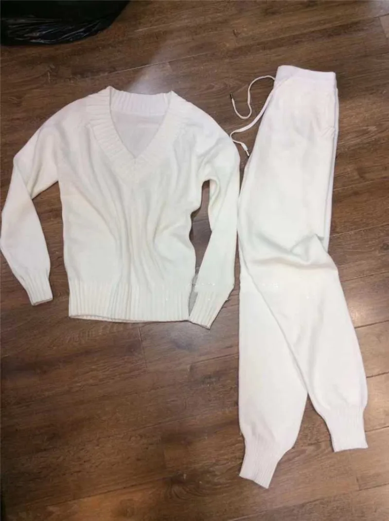 

2020 Drawstring Top Fashion Wool Knit Suit Casual Sweater + Feet Pants Female V-neck Long-sleeved Solid Color Two Sets Of Women