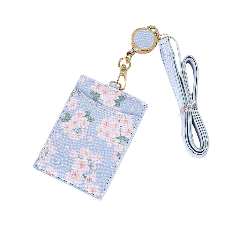 

Newest Cherry Flowers PU Card Holder Retractable Lanyard 2 Bits Card Bag Women Identity Badge Reel Rope Card Case ID IC Holders