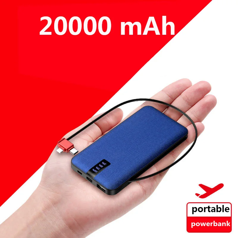 Внешний аккумулятор на 20000 мА · ч с 3 кабелями и поддержкой быстрой