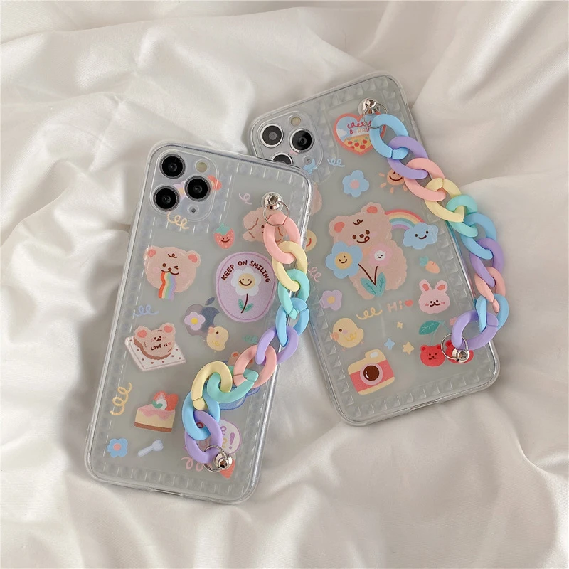 

Cartoon Bear Silicone Bracelet Mobile Phone Case For IPhone 12 11 Pro Max X XS XR 7 8 Plus Anti-fall Full Cover iPhone Case