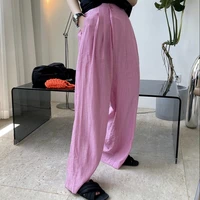2022 summer new korean version of the lazy folds vertical texture inclined placket casual loose wide leg loose thin cool pants