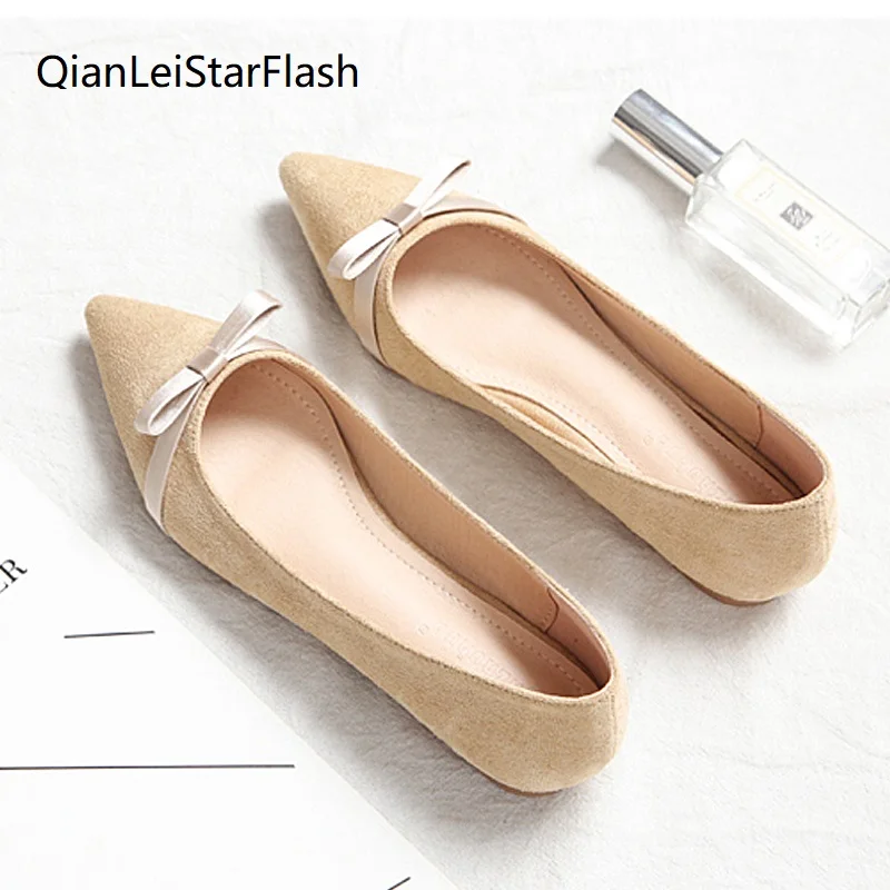 

Женские туфли из флока на плоской подошве с острым носком и бантом, элегантные стильные женские туфли на плоской подошве, однотонные просты...