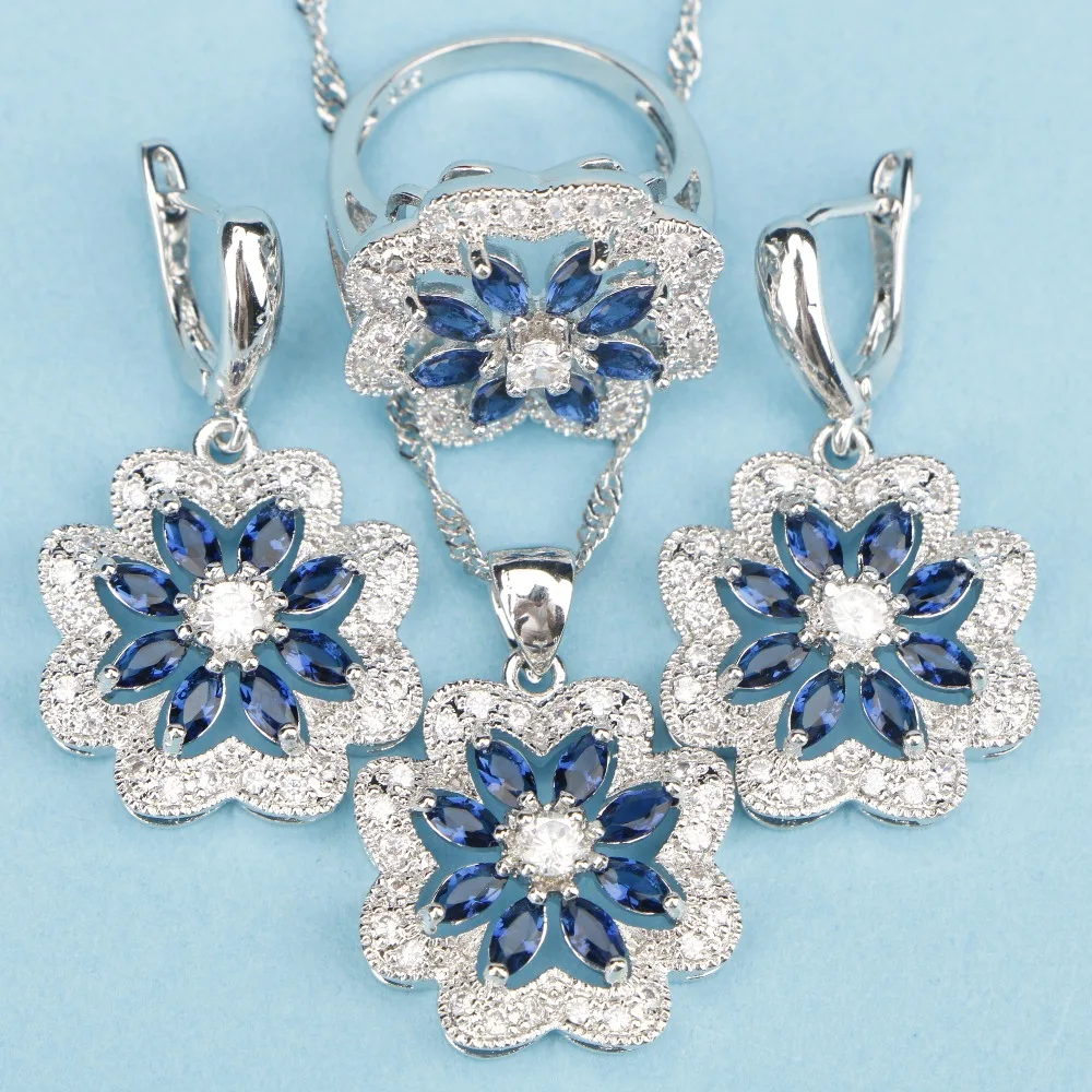 Королевский синий камни Белый CZ цветы Ювелирные наборы Серебро 925 пробы для