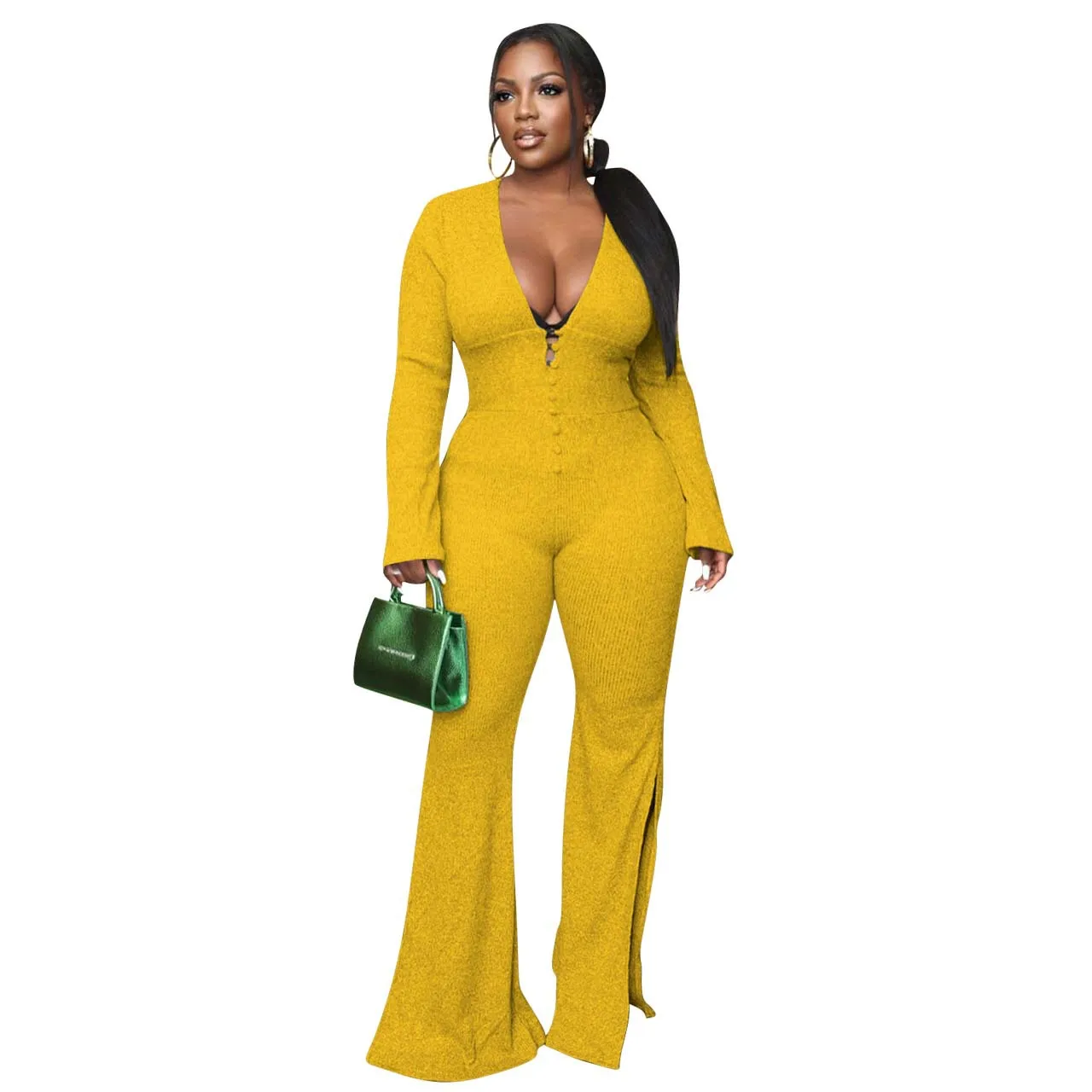 

Casual Women Jumpsuit Long Wide Pants Solid Color Deep V-neck Solid Color High Streetwear Sportsuit Long Romper Women Jumpsuit