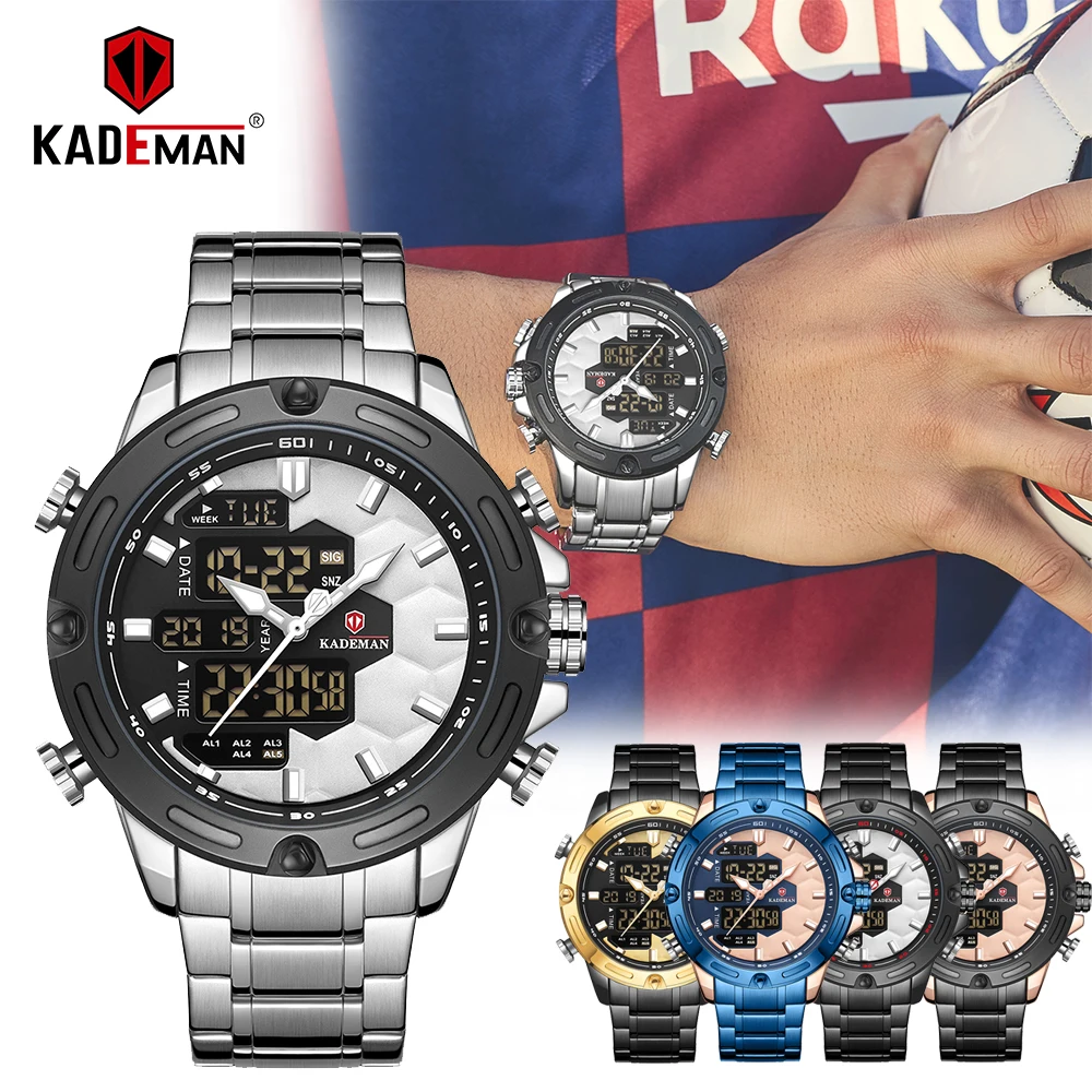 

KADEMAN Outdoor Mens Watch Full Steel Strap LED Dual Display Unique Football Design Fashion Quartz Wristwatch Waterproof 30ATM