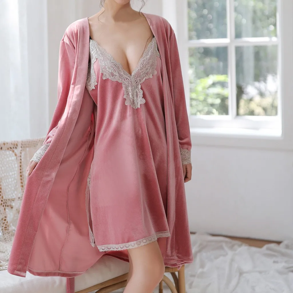 Комплект зимней сексуальной пижамы кружевной сексуальный халат ночная рубашка