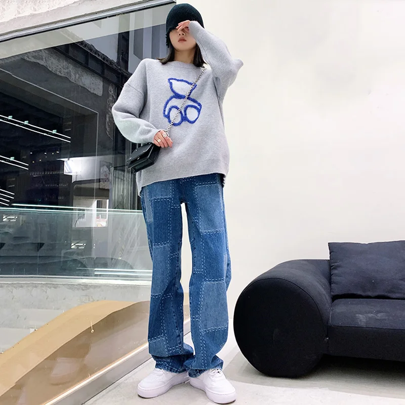 

New Jeans Women Streetwear Jeans Fashion Stitching Geometric Pattern Jeans Loose High Waist Wide Leg Pants Vintage Washed Jeans