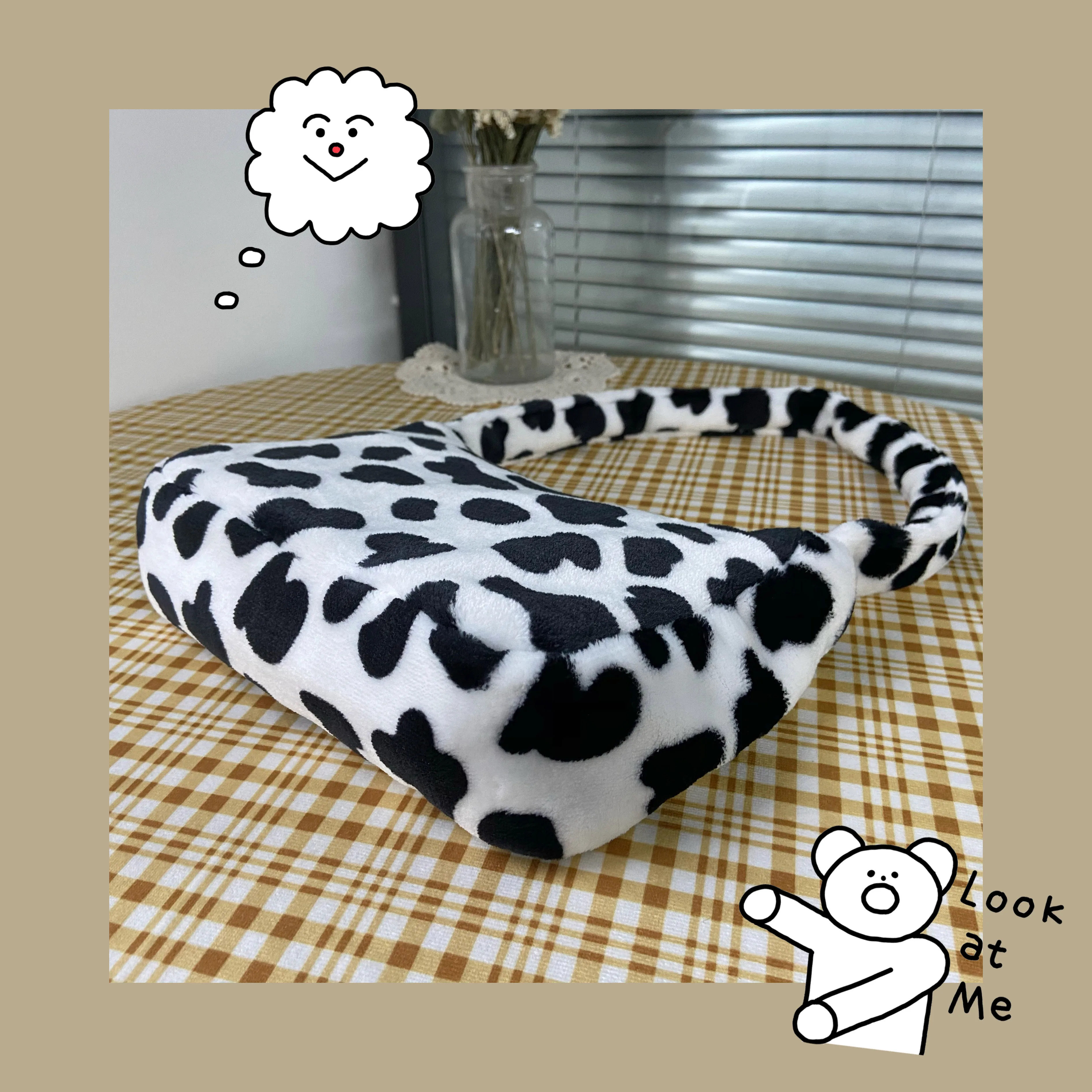 

Winter Soft Plush Women Hobos Furry Purse Handbag Fashion Cow Pattern Ladies Underarm Bag Cute Student Girls Small Shoulder Bags