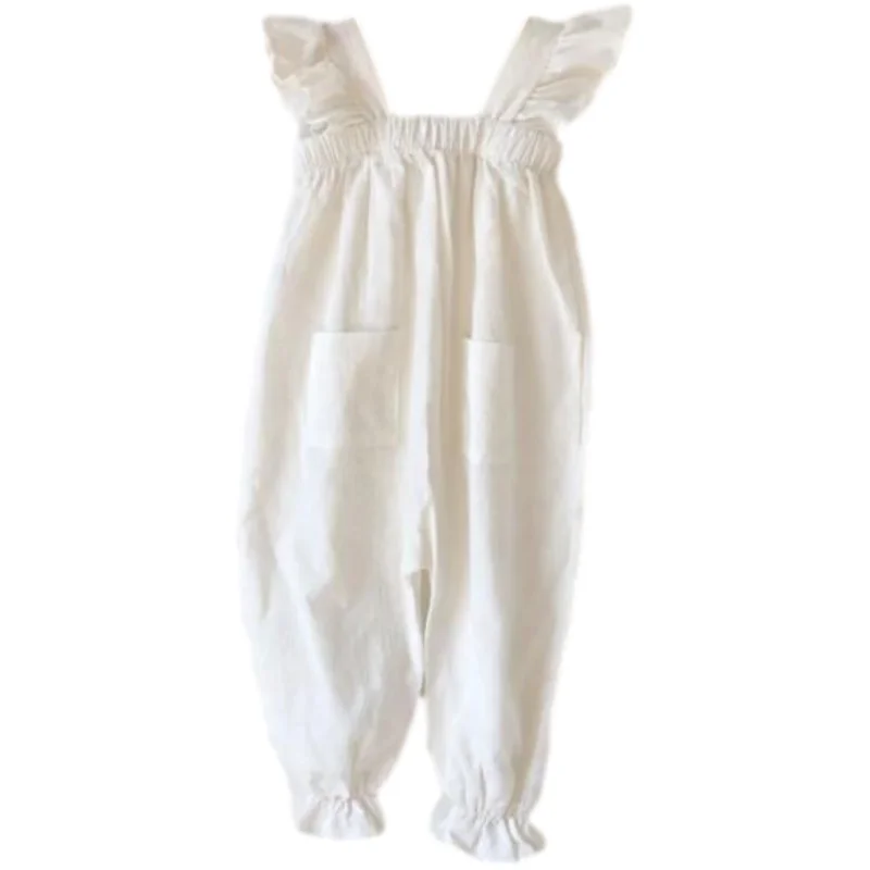 

2021 summer girls' cotton casual one-piece flying sleeve lace pocket overalls toddler girl jumpsuit