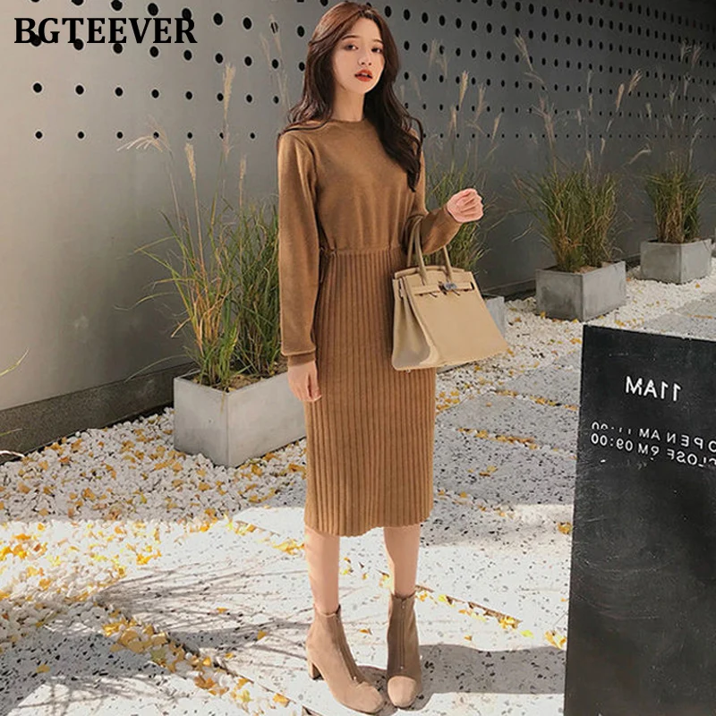 Elegant O-neck Patchwork Autumn Winter Dress Straight Women Sweater Thicken Lace Up Female Jumper Midi Vestidos 2019 |