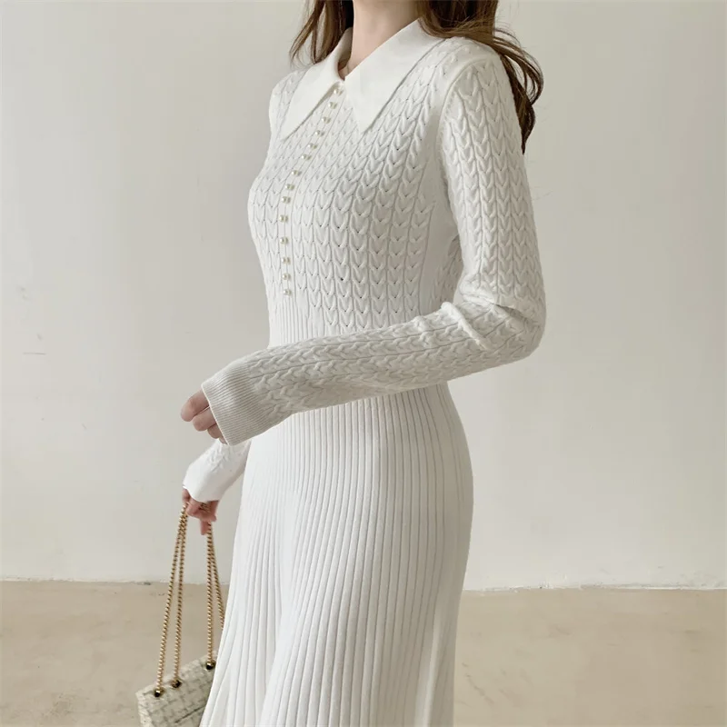 Женское трикотажное платье-миди с длинным рукавом и воротником-поло | Женская