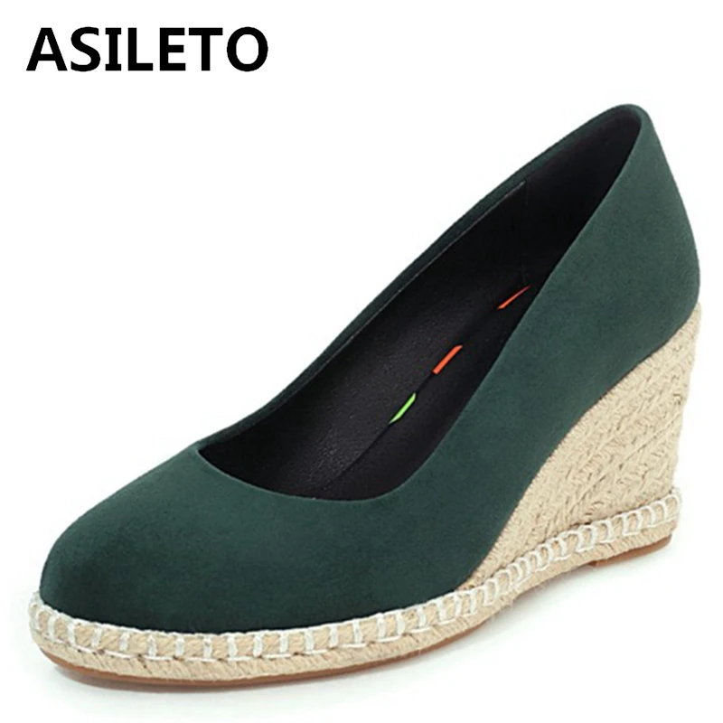 

ASILETO 2021 Spring Leisure Pumps Suede Cover Heel Slip On Rattan Wedges Round Toe 7.5cm Size 30-44 Green Beige White A4171