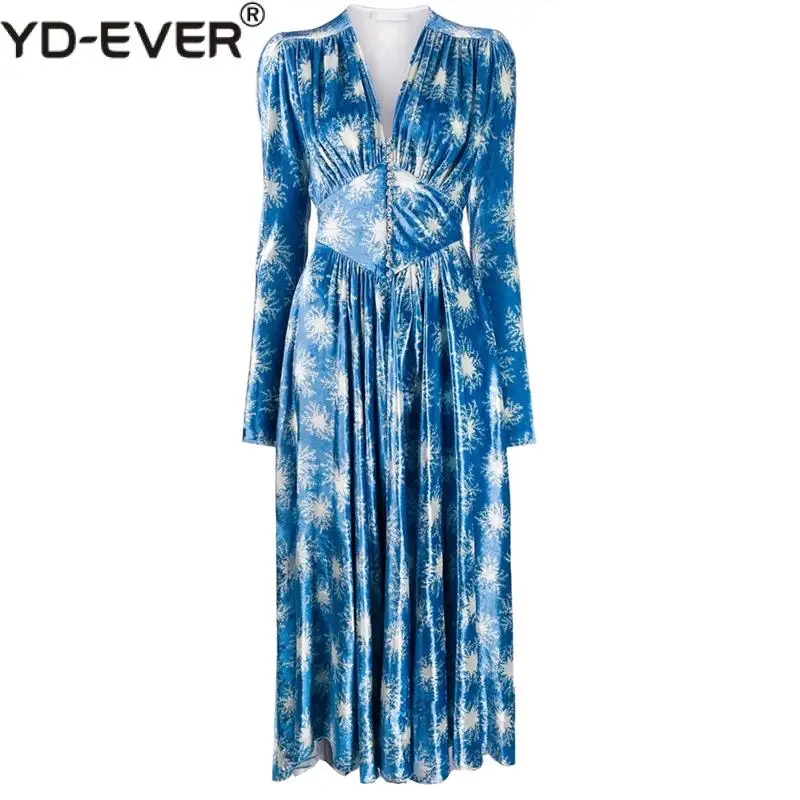 Женское бархатное платье с V-образным вырезом дизайнерское подиумное синее