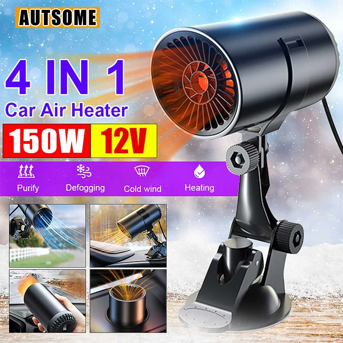 

Mini Portable 12V 150W Car Heater with Air Purifier Cooling Fan Windscreen Defogging Air Heater for Motorhome Trailer Trucks