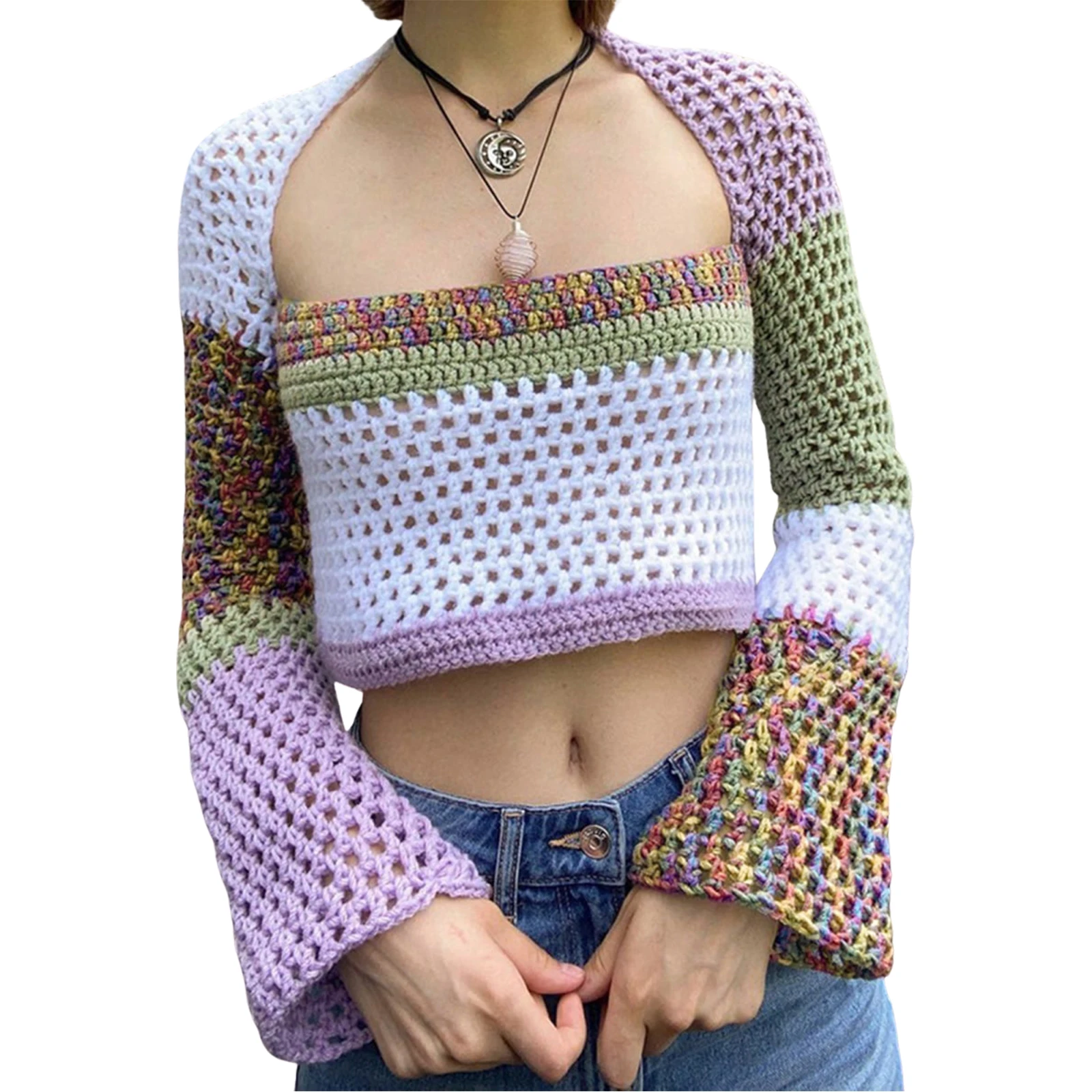 

Spring Fall Women Loose Knitted Cropped Tops Casual Long Sleeve Low-cut Hollow Out Sweater