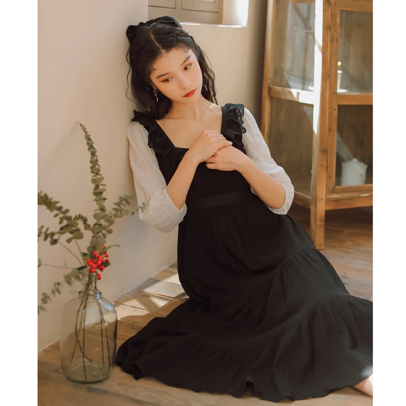 

COIGARSAM Vintage Ruffles Women dress New Lace Dresses Black 2506