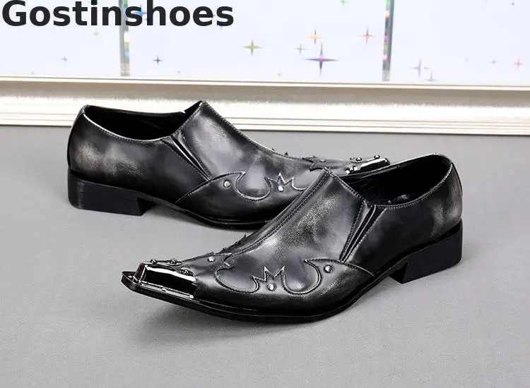 Черная обувь из натуральной кожи мужские слипоны с металлическим наконечником