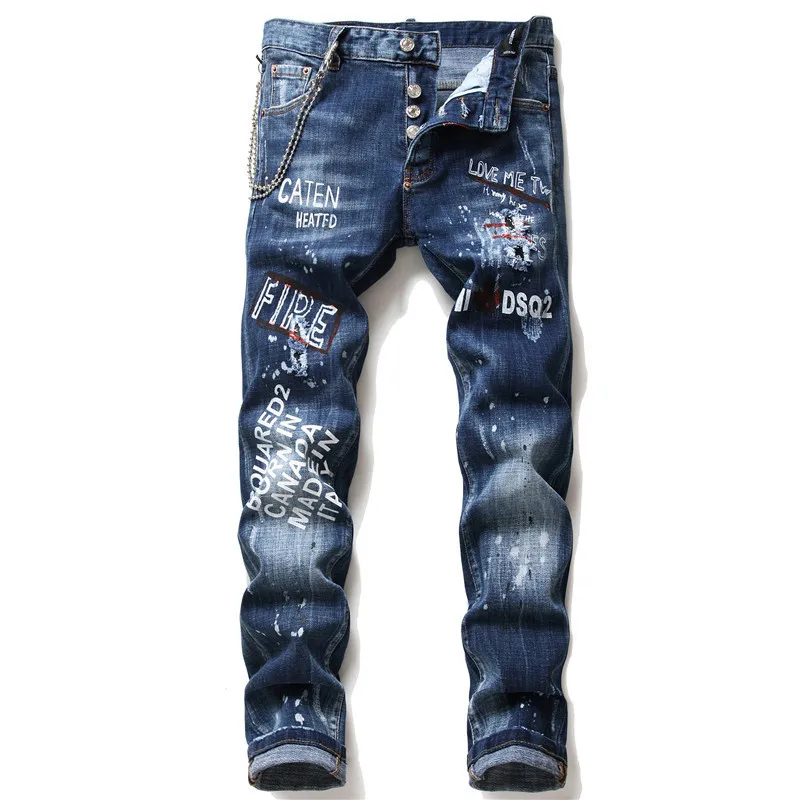

Jeans Leaves Personality Print Metal New Stretch Slim Jeans Men