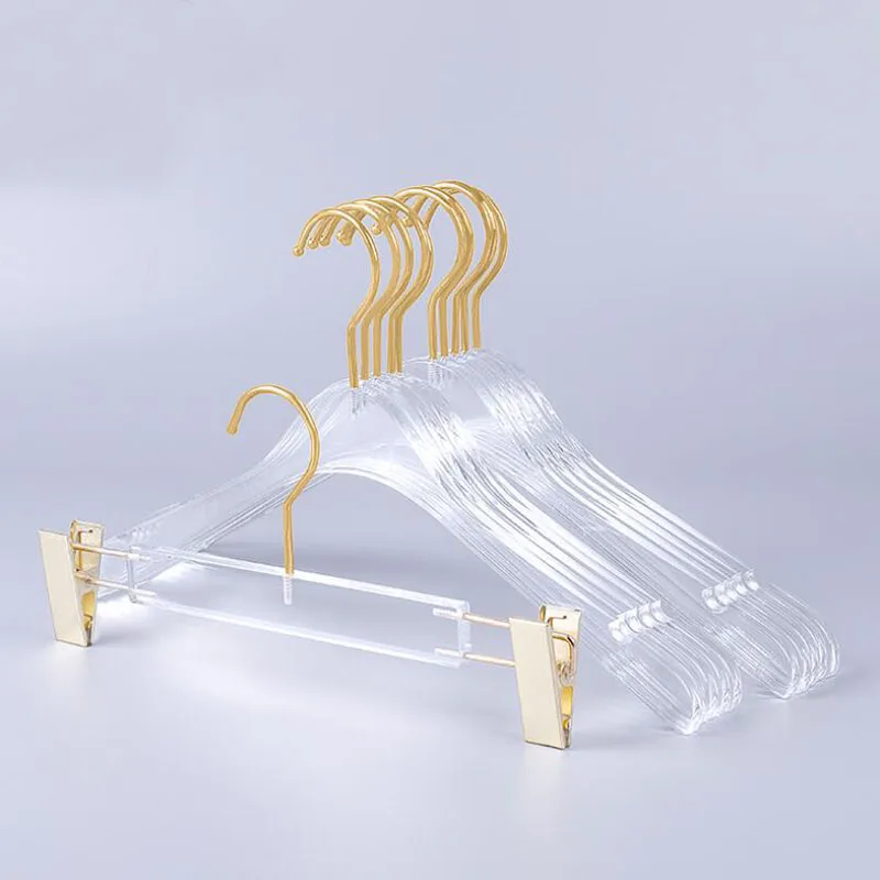 

10 Pcs Top Grade Clear Acrylic Crystal Clothes Suits Hanger with Gold Hook, Transparent Acrylic Pants Hangers with Gold Clips