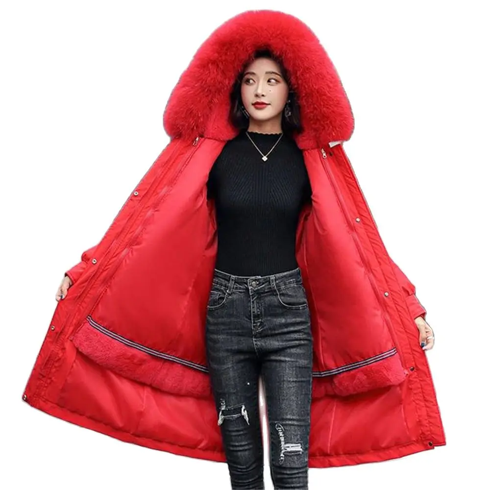 m-4xl fur collar long hooded parka 2021 winter jacket women adjustable waist cotton liner coat three ways wear detachable thick