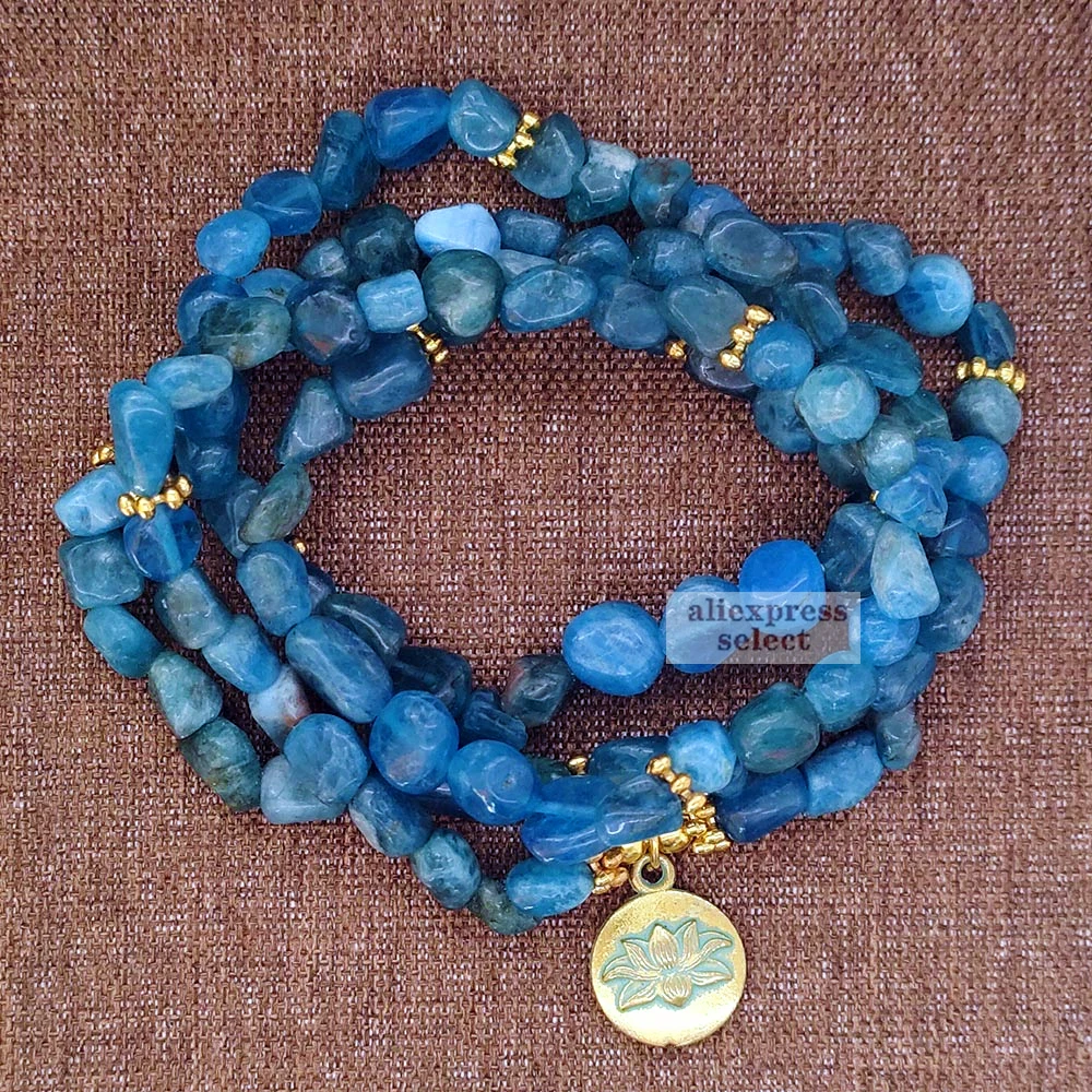 

Gold Lotus Natural Apatite Stone 108 Beads Mala Bracelet For Women Men Lovers Yoga Meditation Bracelet