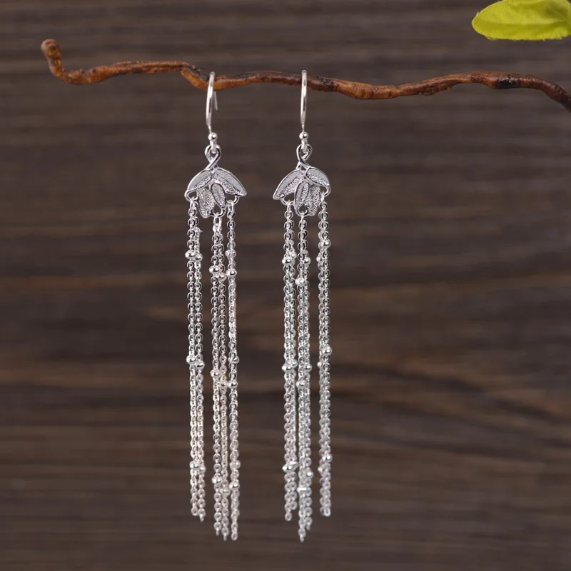 Женские длинные серьги подвески из серебра 925 пробы с бамбуковыми