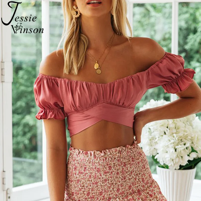 Женский укороченный топ Jessie Vinson блузка с коротким рукавом открытыми плечами и