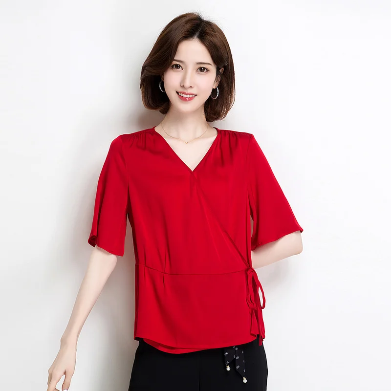 

Jinju summer new V-neck solid color lace silk T-shirt Beautiful and generous small lace up waist Chinese style elements charm
