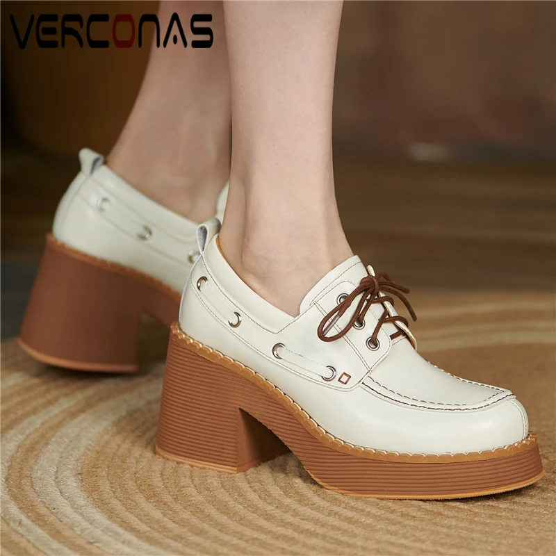 

Женские туфли-лодочки с заклепками VERCONAS, черные классические туфли из натуральной кожи на платформе и толстом каблуке, повседневные туфли н...