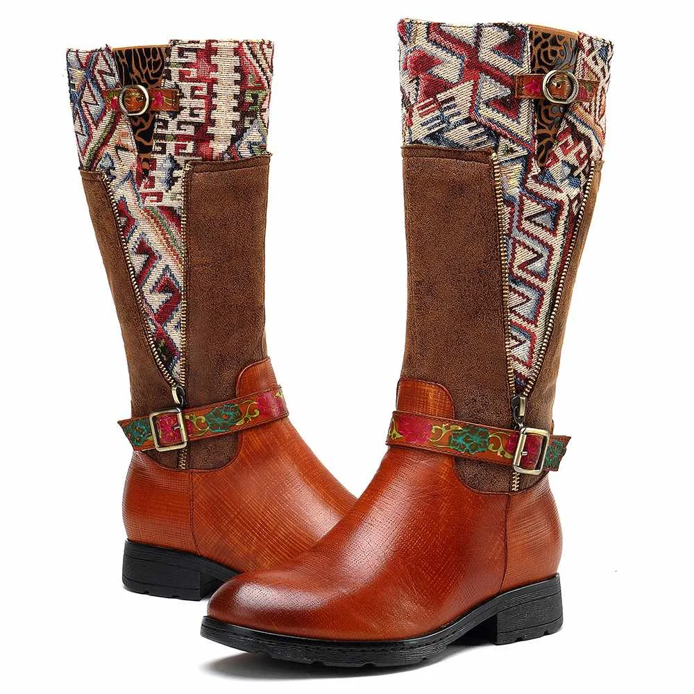 SOCOFY Botas mujer; ботинки из натуральной кожи с квадратным узором; ботинки до середины икры на мягкой плоской подошве; обувь на каблуке; женская зимняя обувь
