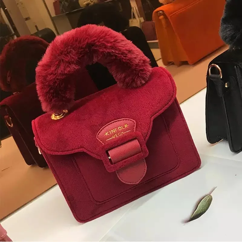 Small red Зимняя сумочка из рубчатого вельвета для женщин Ретро флеш Топ-ручка сумки-тоут женская сумочка с клапаном через плечо сумки-мессенджеры меховая ручка - Цвет: Small red