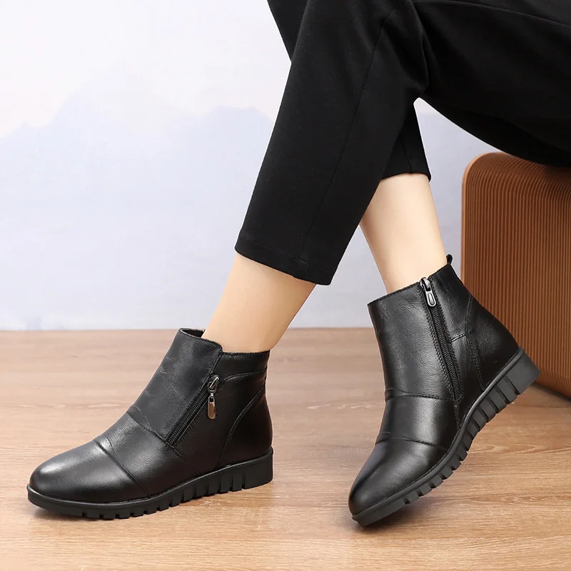

Fashion Ankle Boots Women Genuine Leather Flats Boots Winter Shoes Woman Warm Non-Slip Black Brown Women Boots 458